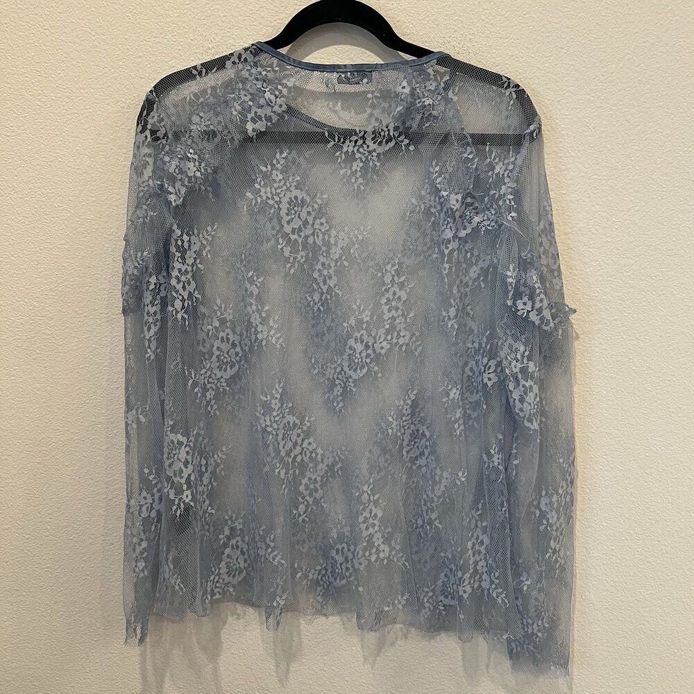 Pol Women’s Blue Floral Sheer Lace Blouse  Ruffled Shoulder L Fairy Whimsical - Picture 7 of 9